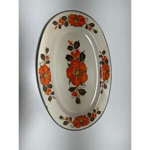 Vintage Enamel Ware Platter 18” Sanko Ware Country Flowers 1970’s MCM